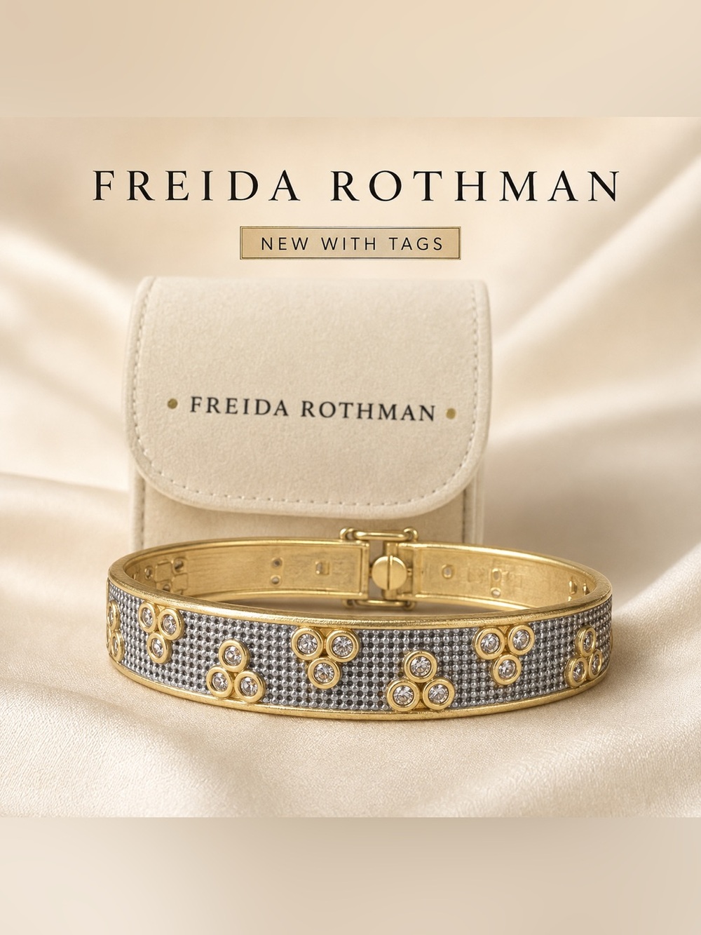 Freida Rothman Gold over Silver 925 Crystal Bangle Bracelet, NWT